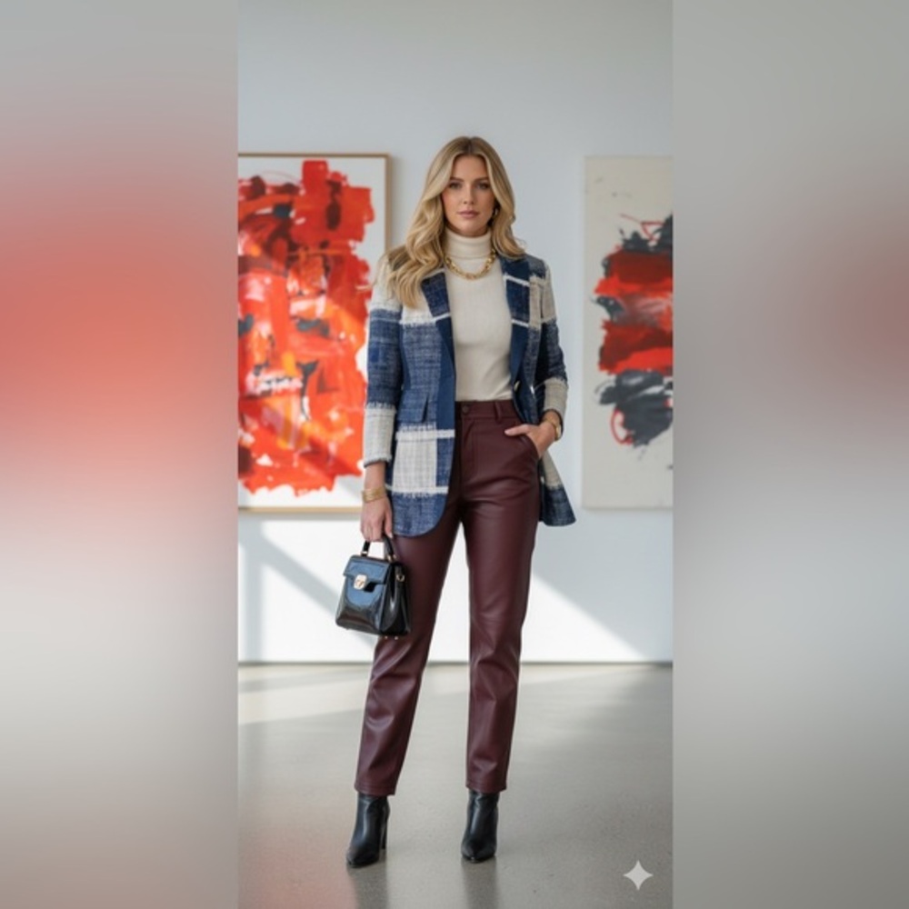 Chic Navy & Cream Textured Plaid Blazer - Sophisticated Tailored Fit